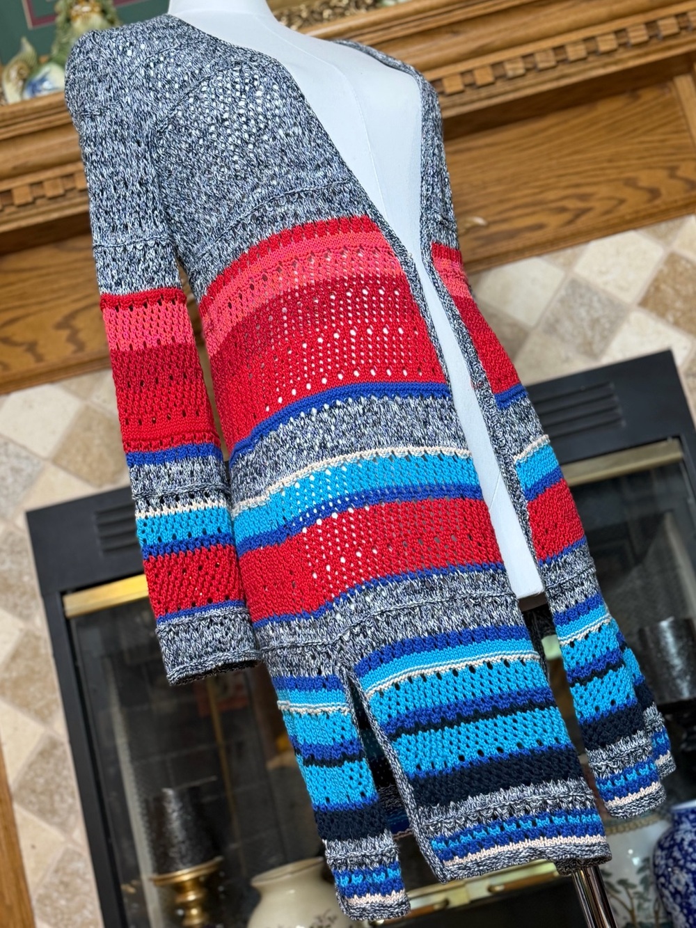 Ya Los Angeles Colorblock Open-Front Knit Cardigan Sweater - Red & Blue